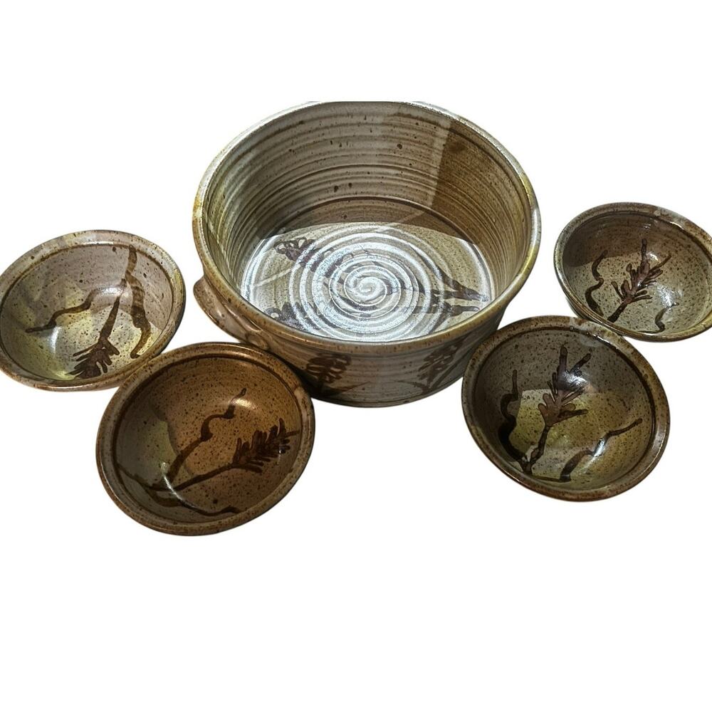 Handmade Pottery Soup Tureen/Casserole, 4 Soup Bowls, 3 plates-Wheat Pattern